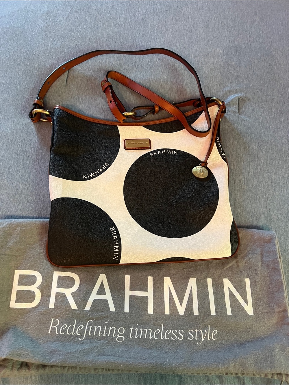 Brahmin Black and White Polka Dot Shoulder Bag with Brown Trim